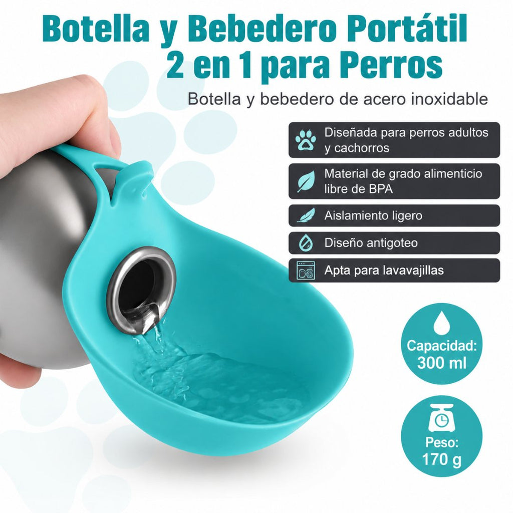 Botella de agua portátil para perros 2 en 1